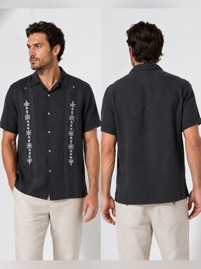 Modern Images Men's Hawaiian Shirt Black Embroidered Short Sleeve Buttoned Sz L